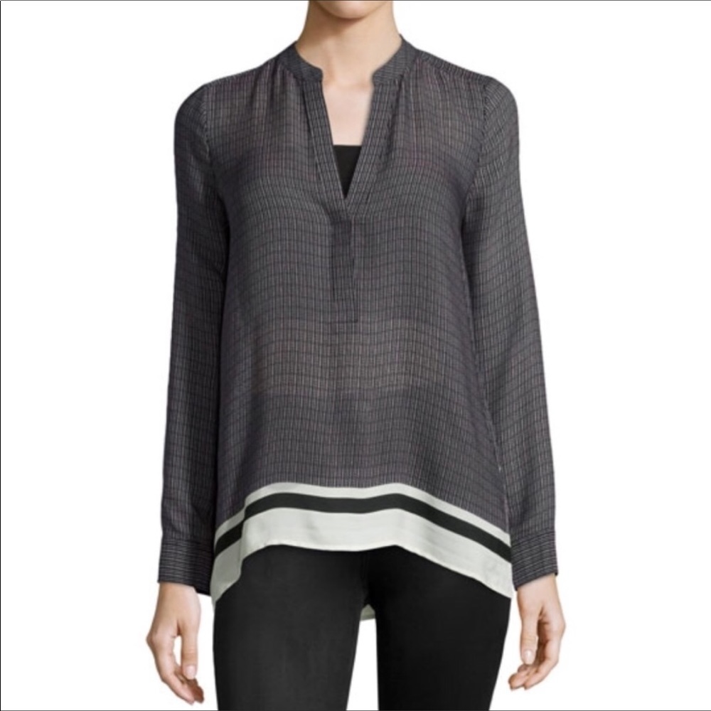 Vince 100% Silk Printed Color Block Blouse B & W